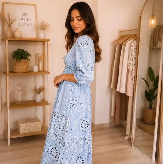 Robe longue en gaze de coton bleu ciel imprimé bandana - Taille unique (34 à 40) My Sweet Closet