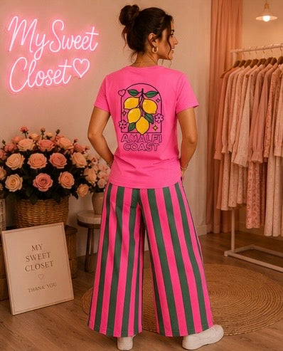 Pantalon palazzo rayé rose fluo et vert My Sweet Closet
