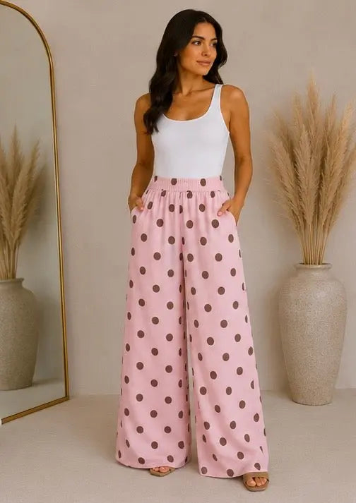 Pantalon palazzo rose à pois marron - Taille unique (34 à 40) My Sweet Closet