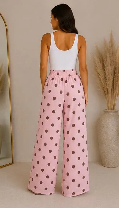 Pantalon palazzo rose à pois marron - Taille unique (34 à 40) My Sweet Closet