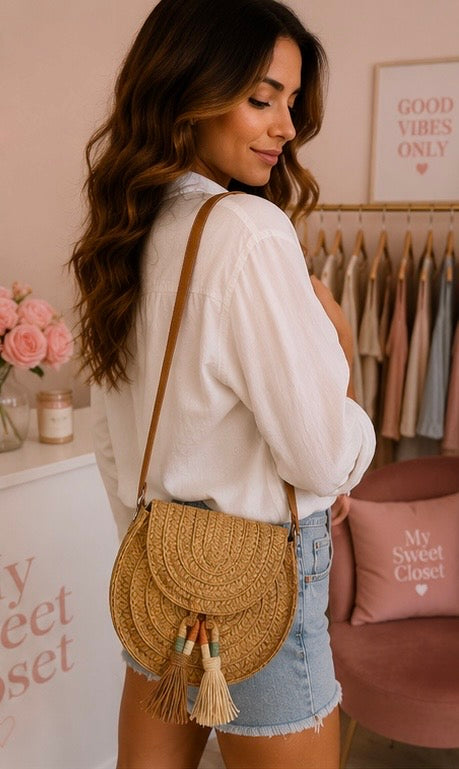 Sac bandoulière en raphia à pompons My Sweet Closet