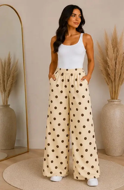 Pantalon palazzo jaune à pois marron - Taille unique (34 à 40) My Sweet Closet