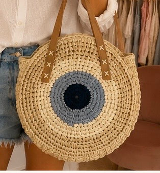 Sac rond en raphia oeil - Beige et bleu My Sweet Closet