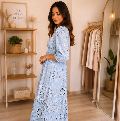 Robe longue en gaze de coton bleu ciel imprimé bandana - Taille unique (34 à 40) My Sweet Closet