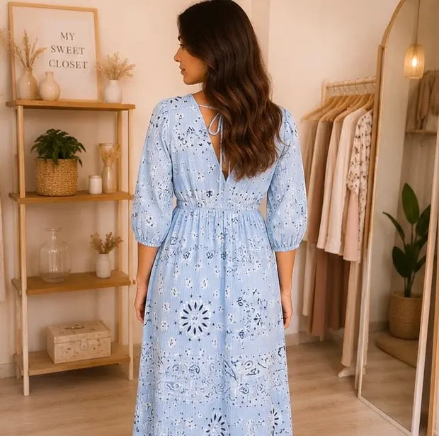Robe longue en gaze de coton bleu ciel imprimé bandana - Taille unique (34 à 40) My Sweet Closet
