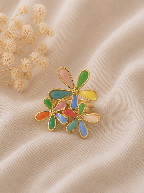 Bague dorée fleurs multicolores