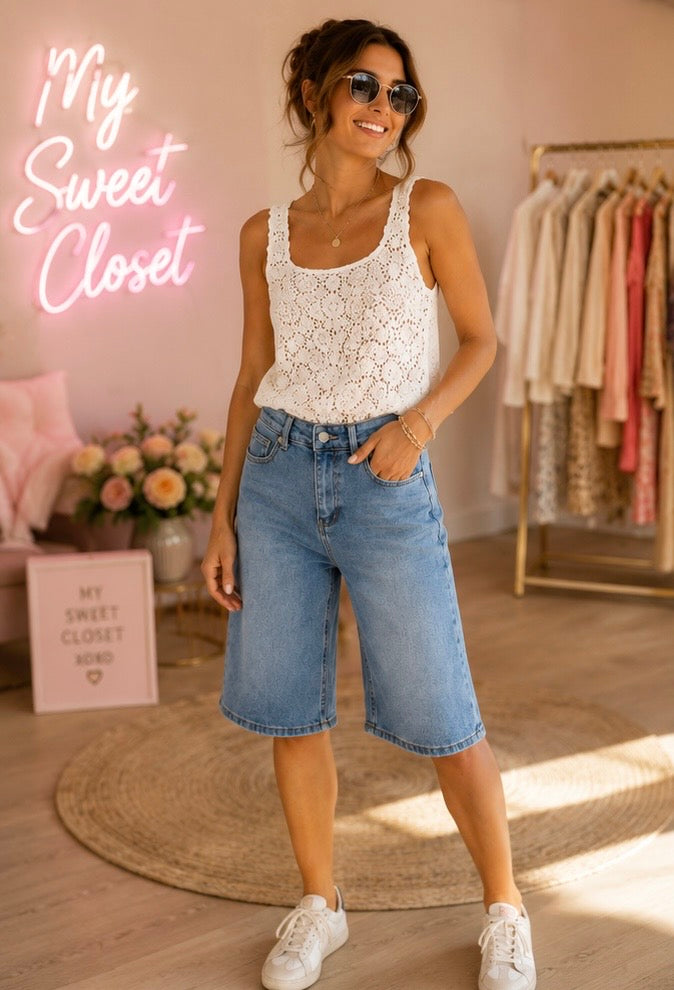 Bermuda long en jean femme bleu - Coupe large My Sweet Closet
