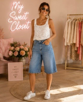 Bermuda long en jean femme bleu - Coupe large My Sweet Closet