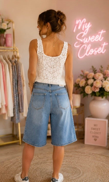 Bermuda long en jean femme bleu - Coupe large My Sweet Closet