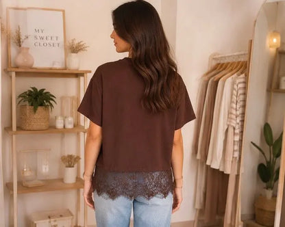 T-shirt avec dentelle Chocolat - Taille unique (34 - 40) My Sweet Closet