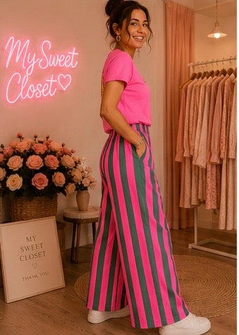 Pantalon palazzo rayé rose fluo et vert My Sweet Closet